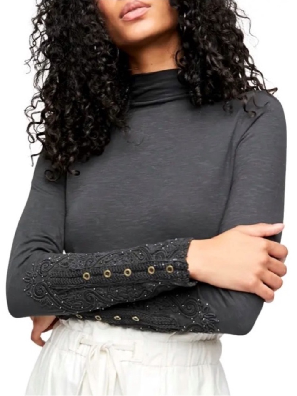 FREE PEOPLE We The Free Hooked on You Cuff Top Washed Black NEW Size L OB1224275